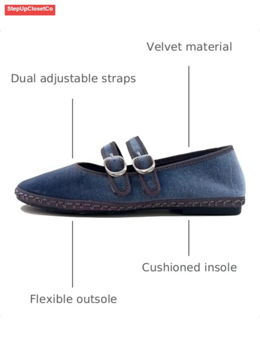 Women's Velvet Mary Jane Ballet Flats, Cushioned & Flexible, Round Toe Dress